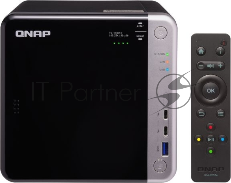 Сетевое хранилище без дисков channel QNAP TS-453BT3-8G NAS 4 HDD trays, 2 HDMI, 1 x 10 GbE BASE-T, 2 x ports Thunderbolt 3. 4-core Intel Celeron J3455 1,5 GHz (up to 2,3 GHz), 8 GB