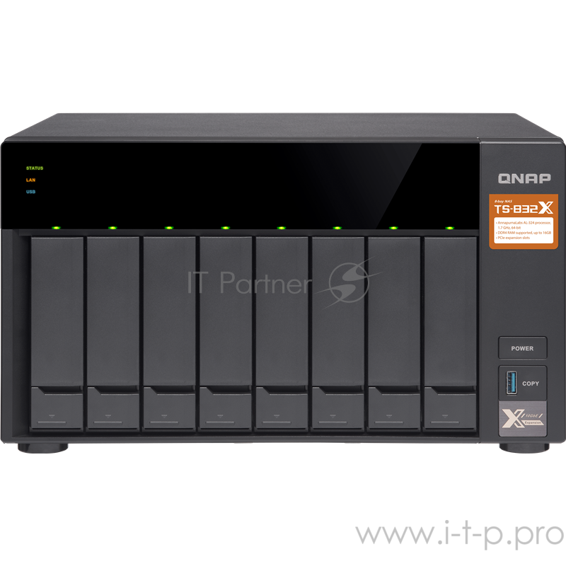 Сетевое хранилище без дисков SMB QNAP TS-832X-8G 8-Bay NAS, AL324 64-bit quad-core 1.7GHz, 8GB DDR4 SODIMM RAM (1 x 8GB, max 16GB), 8 x 3.5