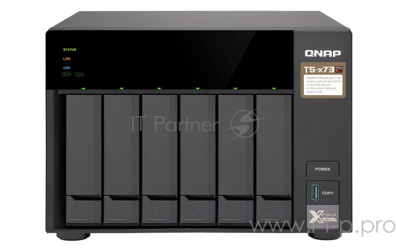 Сетевое хранилище без дисков channel QNAP TS-673-4G NAS, 6-tray w/o HDD, 2xM.2 SSD Slot. Quad-сore AMD quad-core 2.1 GHz up to 3.4 GHz , 4GB DDR4 (2 x 4GB) up to 64GB (4 x 16GB), 4x Gigabit LAN