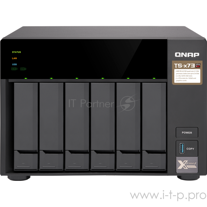 Сетевое хранилище без дисков channel QNAP TS-673-4G NAS, 6-tray w/o HDD, 2xM.2 SSD Slot. Quad-сore AMD quad-core 2.1 GHz up to 3.4 GHz , 4GB DDR4 (2 x 4GB) up to 64GB (4 x 16GB), 4x Gigabit LAN