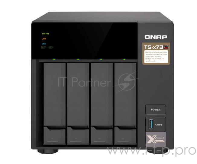 Сетевое хранилище без дисков channel QNAP TS-473-4G NAS, 4-tray w/o HDD, 2xM.2 SSD Slot. Quad-сore AMD quad-core 2.1 GHz up to 3.4 GHz , 4GB DDR4 (2 x 4GB) up to 64GB (4 x 16GB), 4x Gigabit LAN