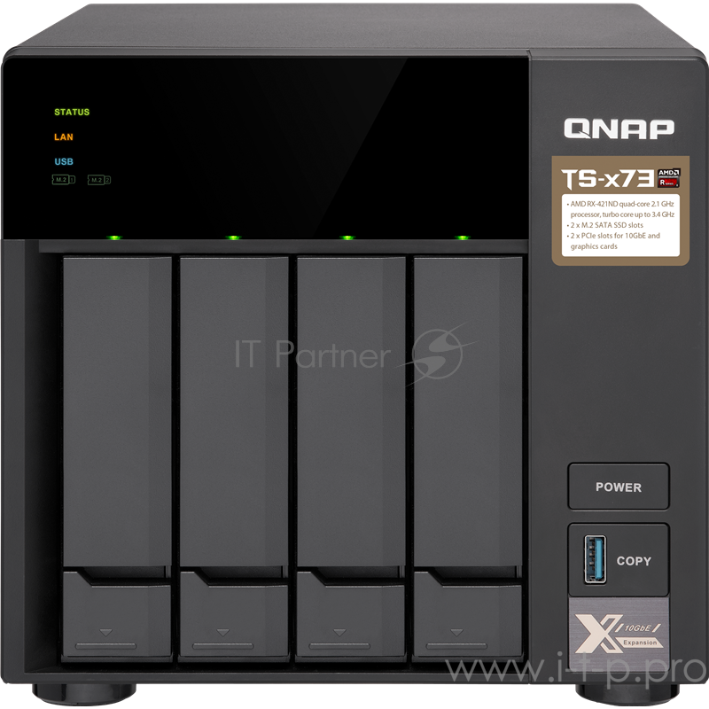 Сетевое хранилище без дисков channel QNAP TS-473-4G NAS, 4-tray w/o HDD, 2xM.2 SSD Slot. Quad-сore AMD quad-core 2.1 GHz up to 3.4 GHz , 4GB DDR4 (2 x 4GB) up to 64GB (4 x 16GB), 4x Gigabit LAN