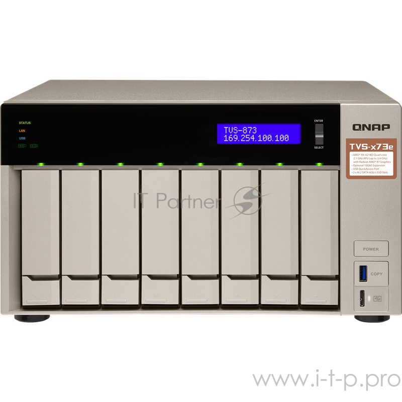 Сетевое хранилище без дисков SMB QNAP TVS-873e-8G NAS, 8-tray w/o HDD, 2xM.2 SSD Slot, 2xHDMI-port. Quad-сore AMD quad-core 2.1 GHz up to 3.4 GHz , 8GB DDR4 (2 x 4GB) up to 64GB (4 x 16GB), 4x Gigabit LAN