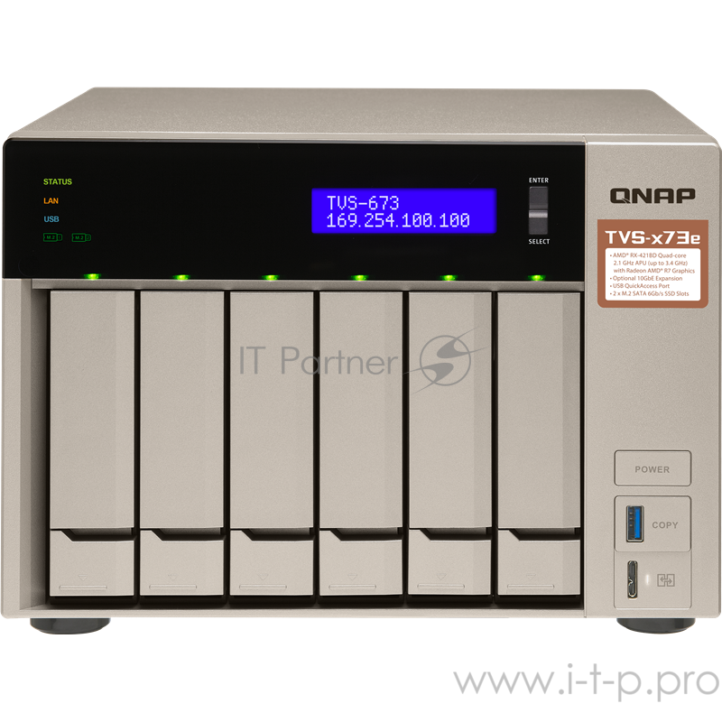Сетевое хранилище без дисков SMB QNAP TVS-673e-8G NAS, 6-tray w/o HDD, 2xM.2 SSD Slot, 2xHDMI-port. Quad-сore AMD quad-core 2.1 GHz up to 3.4 GHz , 8GB DDR4 (2 x 4GB) up to 64GB (4 x 16GB), 4x Gigabit LAN