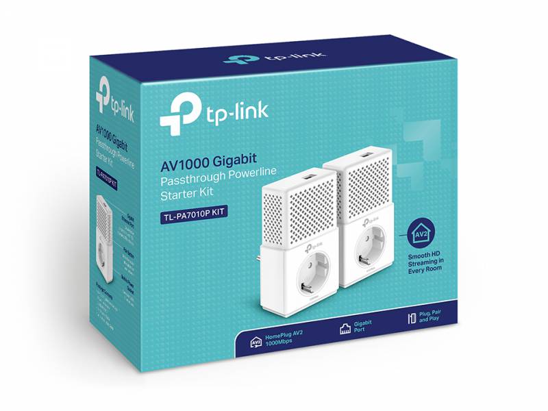 Адаптер TP-Link TL-PA7010PKIT AV1000 Комплект гигабитных адаптеров Powerline со встроенной розеткой