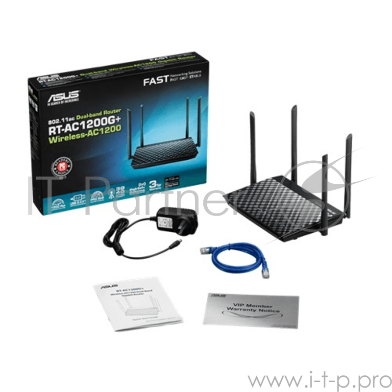 Маршрутизатор ASUS WiFi Router RT-AC1200 (WLAN 1167Mbps, Dual-band 2.4GHz+5.1GHz, 802.11ac+4xLAN RG45 GBL+1xWAN GBL+1xUSB2.0) 4x 5dBi ext Antenna (Dual Band)