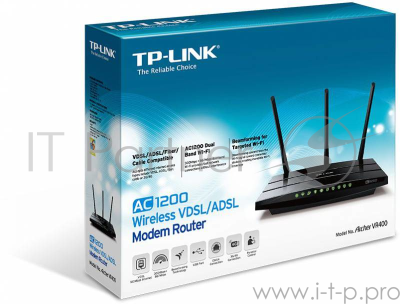 Беспроводный двухдиапазонный TP-Link маршрутизатор с VDSL/ADSL модемом SOHO Archer VR400, 867 Мбит/с + 300 Мбит/с, VDSL2/ADSL2+, Annex A, 4 порта 100 Мбит/с, 1 порт WAN 1000 Мбит/с, 1 порт USB 2.0