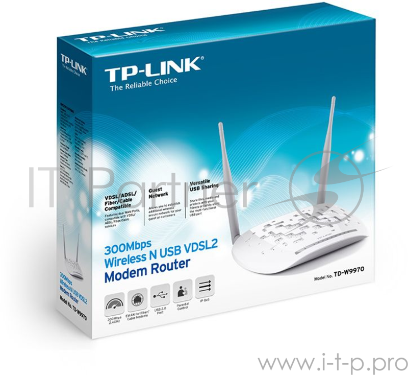 Беспроводный маршрутизатор TP-Link с VDSL/ADSL модемом SOHO TD-W9970B, 300 Мбит/с, VDSL2/ADSL2+, Annex B, 4 порта 100 Мбит/с, 1 порт USB 2.0