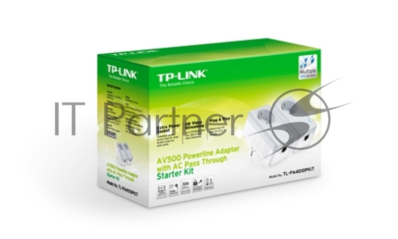 Сетевое оборудование TP-Link TL-PA4010PKIT AV600 Powerline Adapter with AC Pass Through Starter Kit, Ultra Compact Size, 500Mbps Powerline Datarate, 10/100Mbps Fast Ethernet, HomePlug AV, Green Powerline, Plug and Play
