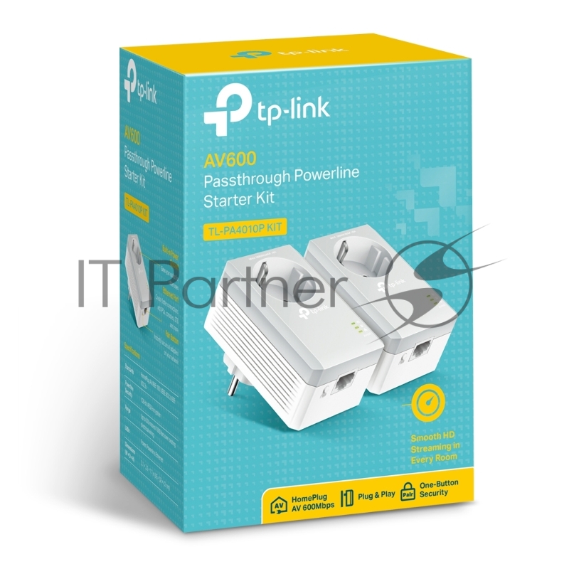 Сетевое оборудование TP-Link TL-PA4010PKIT AV600 Powerline Adapter with AC Pass Through Starter Kit, Ultra Compact Size, 500Mbps Powerline Datarate, 10/100Mbps Fast Ethernet, HomePlug AV, Green Powerline, Plug and Play
