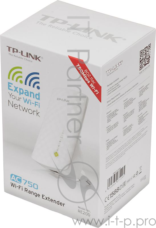 Повторитель беспроводного сигнала TP-Link SOHO RE200 10/100BASE-TX/Wi-Fi белый поставляется без кабеля RJ-45