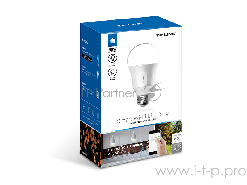 Умная LED Wi-Fi лампа Smart Wi-Fi A19 LED Bulb, 220-240V/50Hz, 2700K Dimmable White, No Hub Required, Save energy, 50W Equivalent, 2.4GHz, 802.11b/g/n, works with TP-LINK's Home Automation app Kasa (for both Android and iOS)