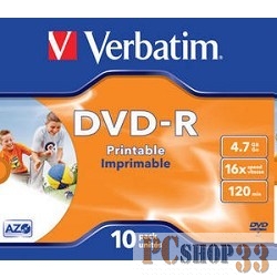 Диск Verbatim Диски DVD-R Verbatim 16-x, 4.7 Gb, Printable (Jewel Case, 10шт.) ( 43521)