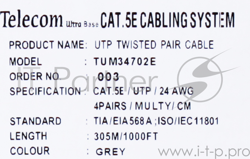 Кабель Telecom Кабель Ultra UTP кат.5e многожильный 4X2X7 (305м) (0.20mm) TUM34702E/TUM34102E