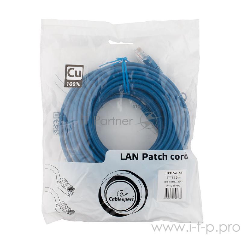 Патч-корд медный UTP Cablexpert PP10-10M/B кат.5, 10м, литой, многожильный (синий)