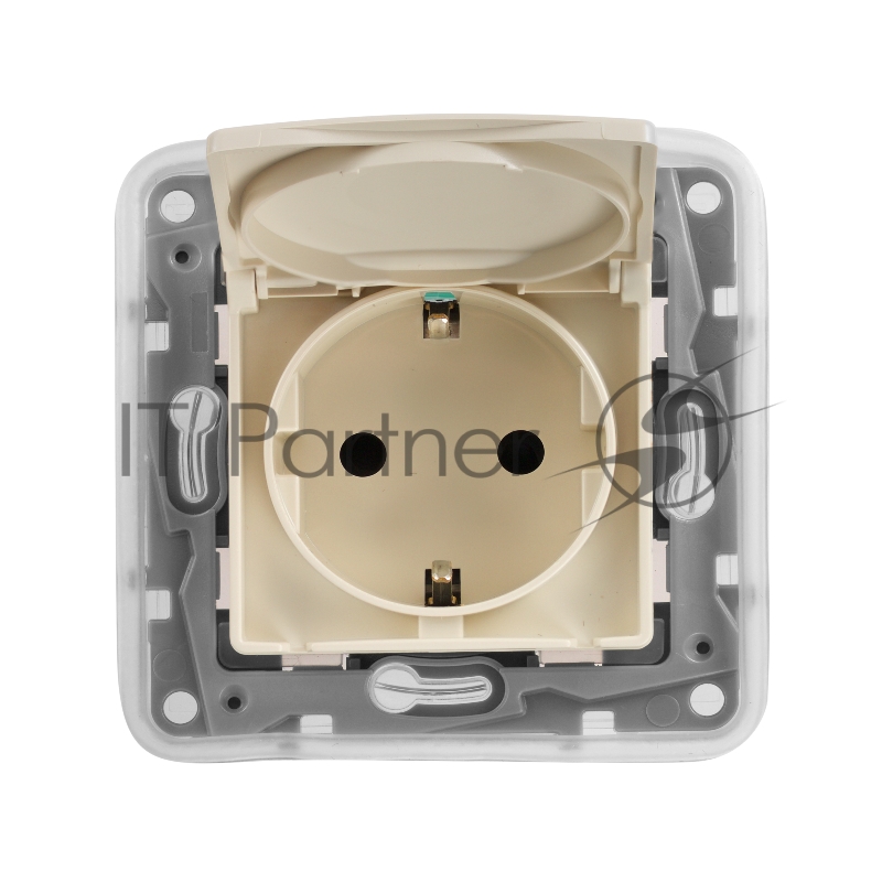 Розетка 2К+З IP 44 с откидной крышкой и шторками, немецкий стандарт, автоматические зажимы, 16А, слоновая кость Розетка 2К+З IP 44 с откидной крышкой и шторками, немецкий стандарт, автоматические зажимы, 16А, слоновая кость