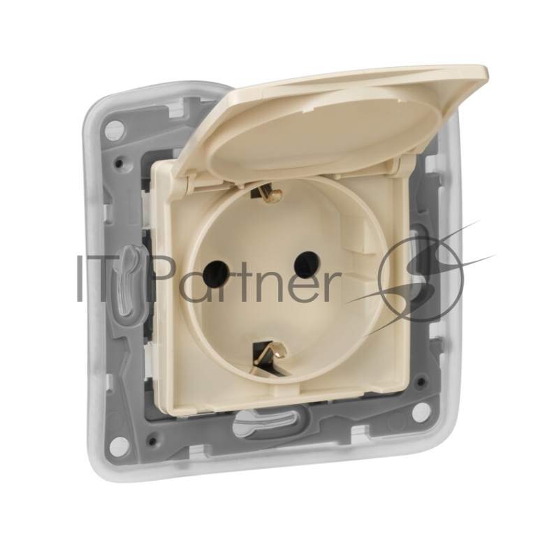Розетка 2К+З IP 44 с откидной крышкой и шторками, немецкий стандарт, автоматические зажимы, 16А, слоновая кость Розетка 2К+З IP 44 с откидной крышкой и шторками, немецкий стандарт, автоматические зажимы, 16А, слоновая кость