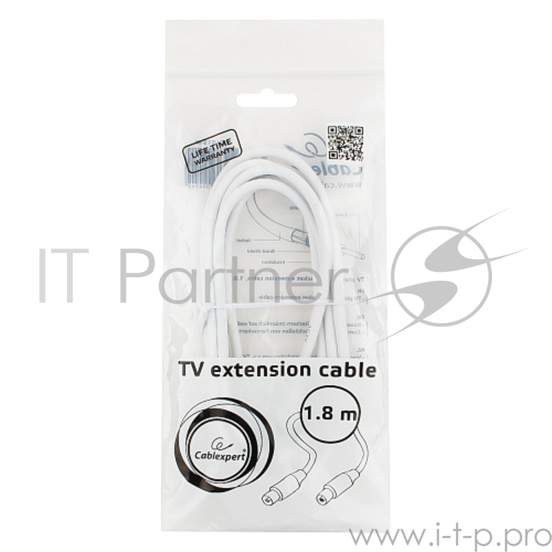 Кабель телевизионный Cablexpert CCV-515-W, Coaxial M/F, белый, 1.8м