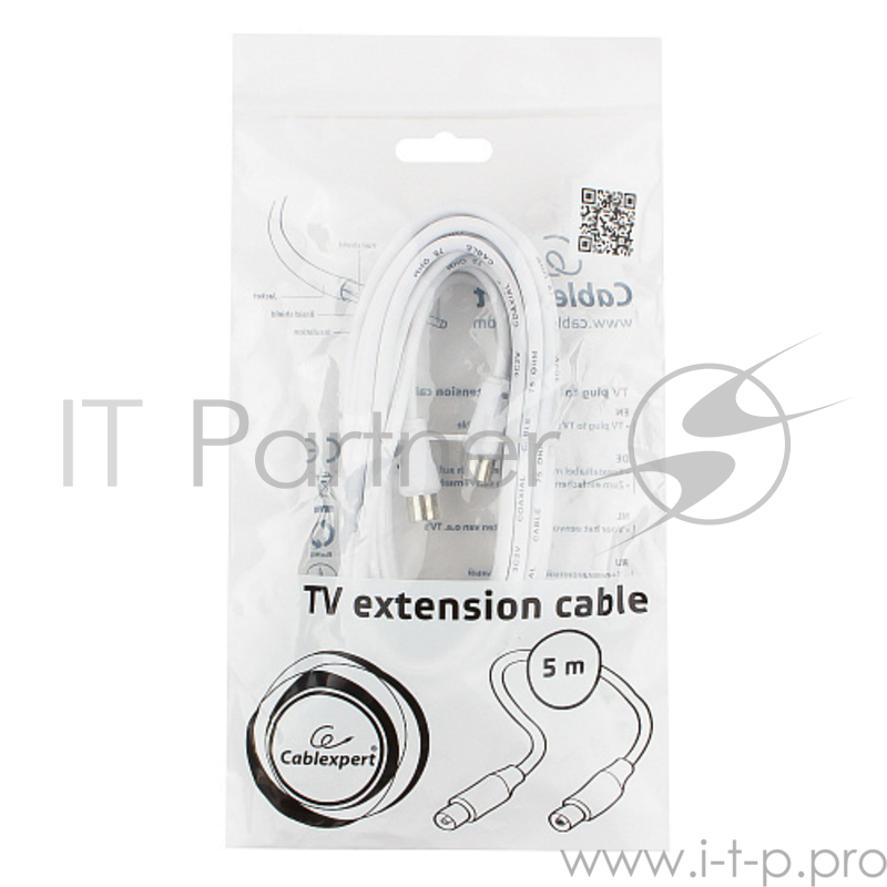 Кабель телевизионный Cablexpert, CCV-515-W-5M, Coaxial M/F, белый, 5м