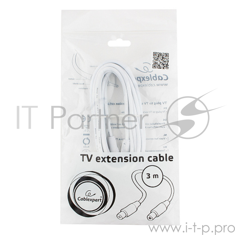 Кабель телевизионный Cablexpert CCV-515-W-3M, Coaxial M/F, белый, 3м