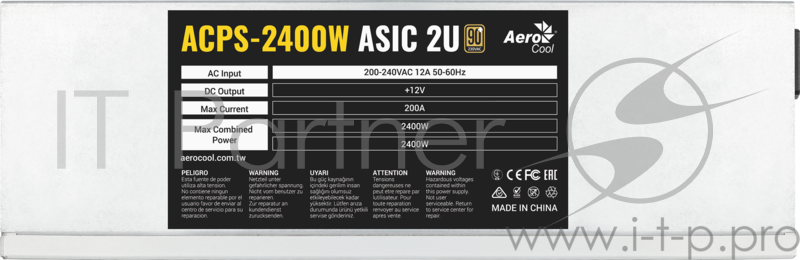 Блок питания для майнинга Aerocool 2400W Retail ACPS-2400W для ASIC , 2U, 350mm (PCI-E 6P + PCI-E 6P) *10, fan 8cm x2, размер 230 x 150 x 86 mm
