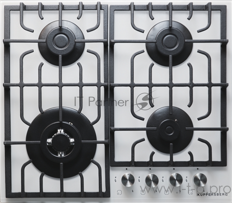 Газовая варочная поверхность Kuppersberg Газовая варочная поверхность, закаленное стекло, ширина 60 см, 4 газовые конфорки, 1 конфорка повышенной мощности, автоподжиг, газ-контроль, чугунные решетки, цвет белый / передний край скошенный