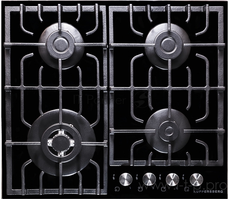 Газовая варочная поверхность Kuppersberg Газовая варочная поверхность, закаленное стекло, ширина 60 см, 4 газовые конфорки, 1 конфорка повышенной мощности, автоподжиг, газ-контроль, чугунные решетки, цвет черный /передний край скошенный