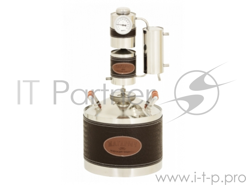 Дистиллятор МАГАРЫЧ МАШКОВСКОГО 12 БКДР, 12л., Черный/Экокожа, Большая крышка, деревянные ручки, термостат, сухопарник. Шланг в комплект не входит