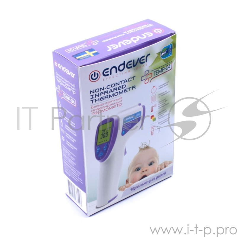 Термометр ENDEVER TEMP-04 WHITE Бесконтактный Инфракрасный бесконтактный термометр, два режима измерений: «Тело» и «Поверхность», память на 32 измерения, звуковой сигнал при высокой температуры, цветная индикация уровня температуры, точность: ± 0,2°