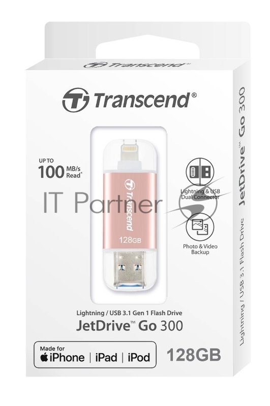 Флеш-накопитель Transcend 128GB JetDrive Go 300. Rose Gold Plating. Apple lightning / USB3.1