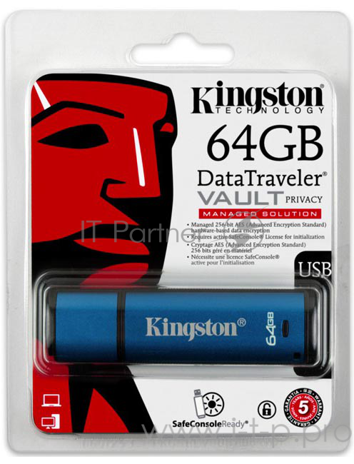 Флеш накопитель 64GB Kingston DataTraveler Vault Privacy DTVP30, 256bit AES Encrypted, USB 3.0, водонепроницаемый, Синий