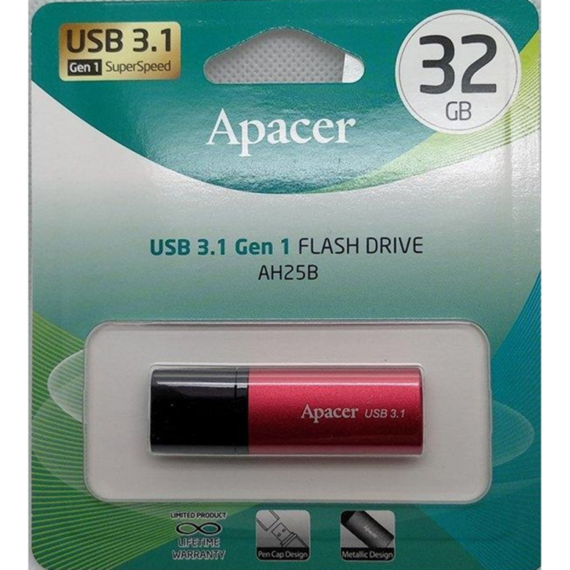 Модуль памяти 32GB Apacer AH25B USB Flash AP32GAH25BR-1 USB 3.1 Gen 1, Red/Black, Metal case, RTL