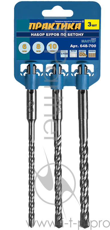 Бур Набор буров SDS plus ПРАКТИКА 6,8,10 х 160 мм, 3 шт, клипса 648-700