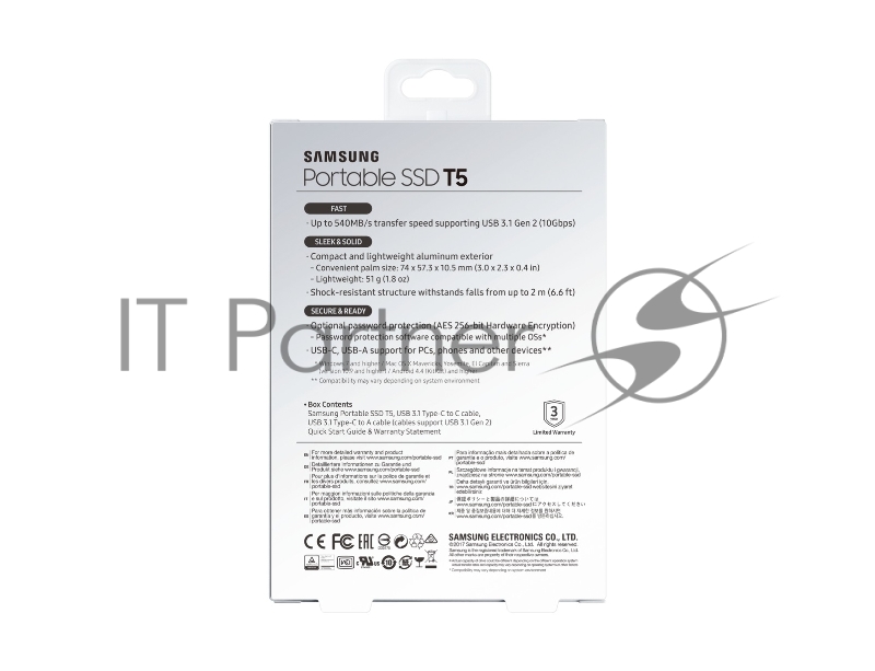 Внешний твердотельный накопитель SSD 1TB Samsung T5 (Up to 540Mb/s, USB 3.1 Type-C) (MU-PA1T0B/WW)