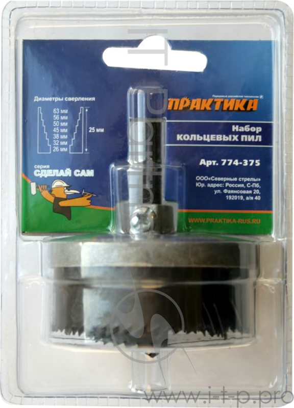 Набор коронок ПРАКТИКА 774-375 по дереву, 7шт.:26-63мм, высота 1