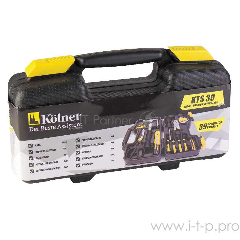 Набор ручного инструмента Kolner KTS 39 (8шт) в пластиковом кейсе 39 пр (ключ шестигранный 8шт, пассатижи 1шт, рукоятка для бит 1шт, магнитный держатель для бит 1шт, биты 20шт, часовая отвертка 4шт, концелярский нож 1шт, молоток-гвоздодер 1шт, ножниц