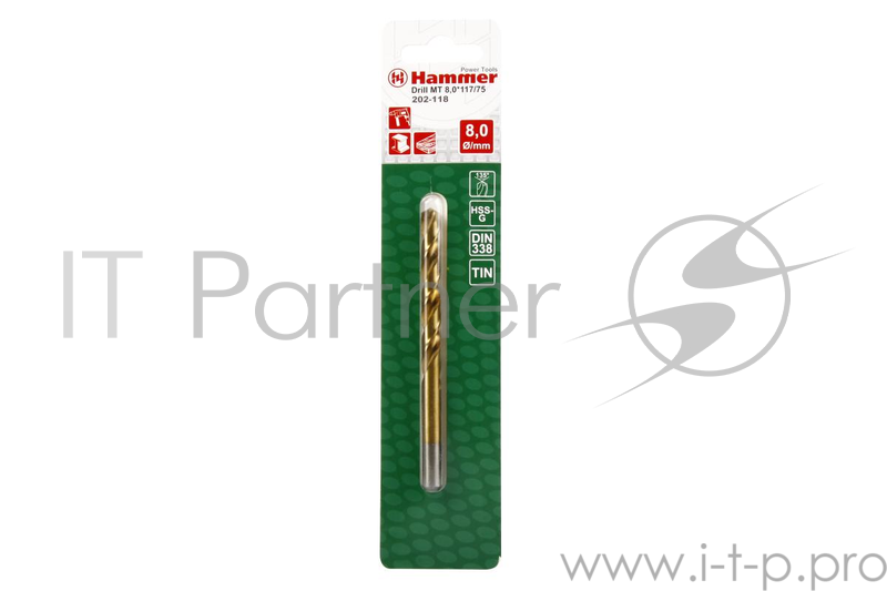 Буры,сверла,долото Сверло Hammer Flex 202-118 DR MT 8,0мм*117/75мм металл, DIN338, HSS-G, TIN 30803