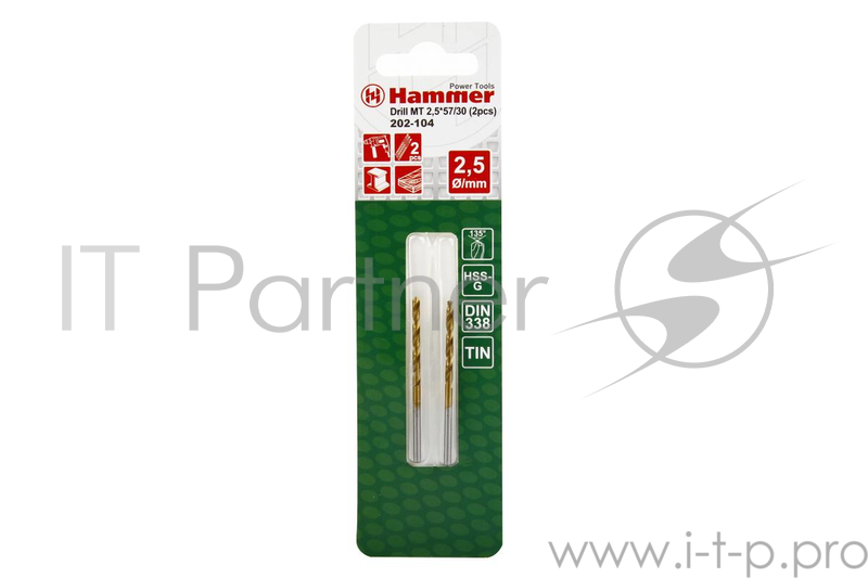 Буры,сверла,долото Сверло Hammer Flex 202-104 DR MT 2,5мм*57/30мм (2pcs) металл, DIN338, HSS-G, TIN, 2шт. 30789