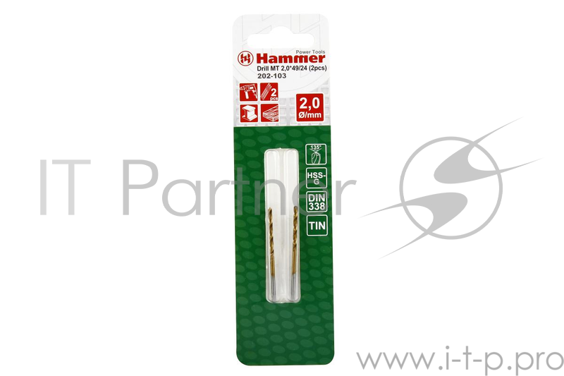 Буры,сверла,долото Сверло Hammer Flex 202-103 DR MT 2,0мм*49/24мм (2pcs) металл, DIN338, HSS-G, TIN, 2шт. 30788