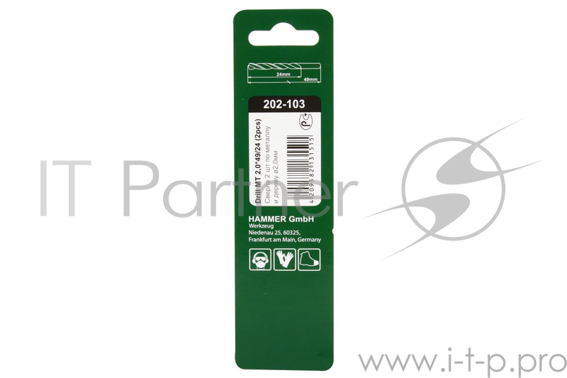 Буры,сверла,долото Сверло Hammer Flex 202-103 DR MT 2,0мм*49/24мм (2pcs) металл, DIN338, HSS-G, TIN, 2шт. 30788