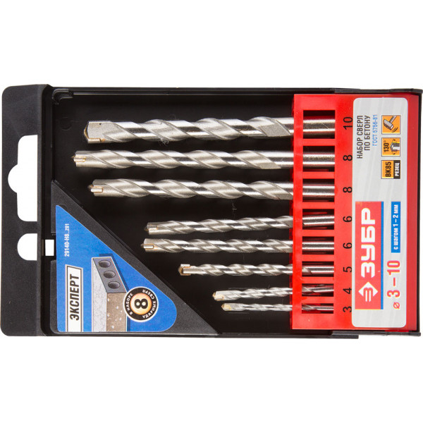 Буры,сверла,долото Набор ЗУБР Сверла по бетону ударные, 3-4-5-6-6-8-8-10 мм, пластиковый бокс, 8шт 29140-H8_z01