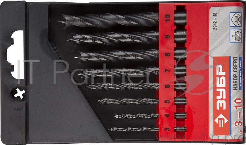 Буры,сверла,долото ЗУБР. Набор сверл спиральных по дереву с М-образной заточкой, сталь 65Г, 8шт: 3-4-5-6-7-8-9-10мм 29421-H8