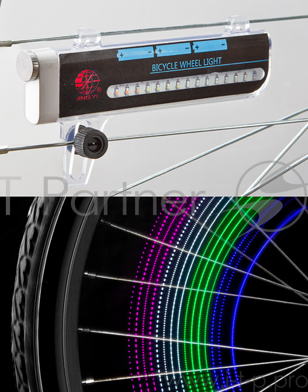 Фонарь декоративный на спицы JY-2002, 16 светодиодов Фонарь JY-2002 декоративный на спицы, 16 светодиодов, создаёт световой и цветовой рисунок при вращении колеса благодаря светодиодам нескольких различных цветов, автоматически включается при движени