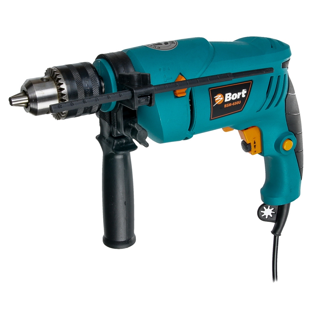 Дрели, Шуруповерты, Гайковерты, Миксеры Bort BSM-650U Дрель ударная 93726881 { 650 Вт, 3000 Об/мин, Тип патрона ключевой, 1.6 кг, набор аксессуаров 4 шт }