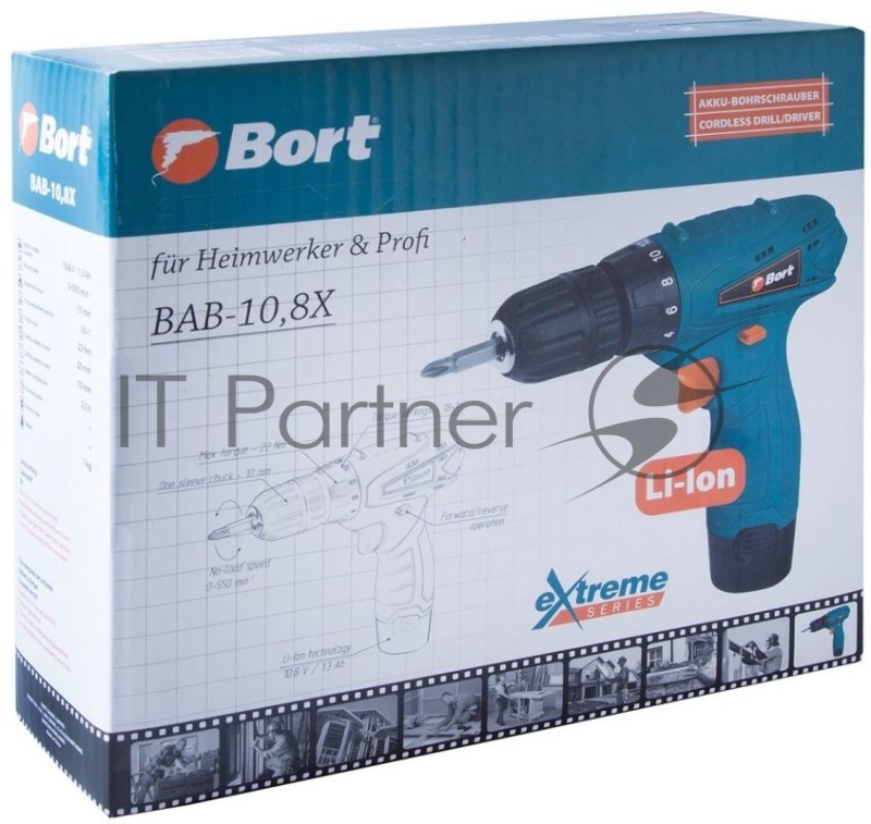 Дрели, Шуруповерты, Гайковерты, Миксеры Bort BAB-10,8X Дрель-шуруповерт аккумуляторная 91272560 { 10,8 В, 1.3 Ач, Li-lon, 1 Акк, 22 Нм, 550 об/мин, БЗП, 0,9 кг, коробка, ЗУ, бит-насадка }