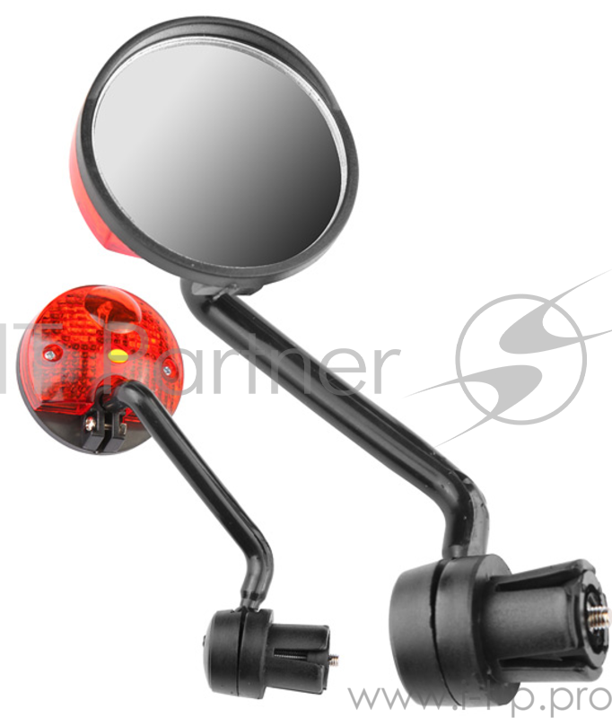 Зеркало заднего вида JY-5 со светоотраж. и габар. огнём. пластик чёрн. Зеркало заднего вида JY-5, со световозвращателем, габаритный огонь (1 светодиод) с работой без батареек, диаметр зеркала 45 мм, общая длина 130 мм, крепление на место заглушки гр