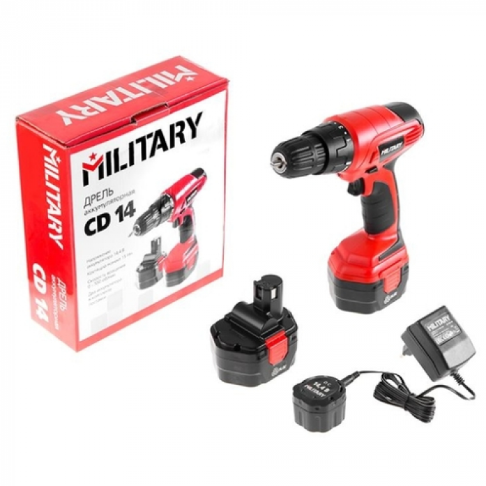 Дрели, Шуруповерты MILITARY CD14 Аккум.дрель 345010 { 14.4В 2x1.2Ач 10мм 0-550об/мин 15Нм зар.3-5ч, в коробке }