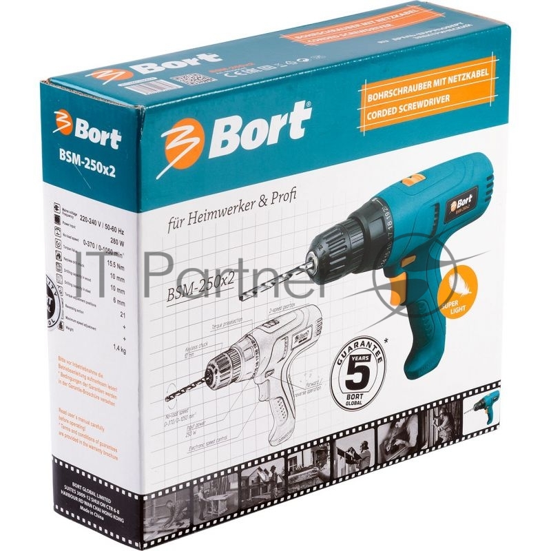 Дрели, Шуруповерты, Гайковерты, Миксеры Bort BSM-250x2 Дрель-шуруповерт электрический 98296648 { 280 Вт, скорость 2, 1050 Об/мин, 15,5 Нм, БЗП, 1.4 кг }