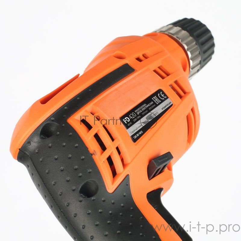 Дрель, Шуруповерт PATRIOT FD420 Дрель электрическая 120301415 {Эл. дрель PATRIOT FD500, без удара, мощность 450 Вт, макс.диаметр сверла 10мм, быстрозажим. патрон, крепление}