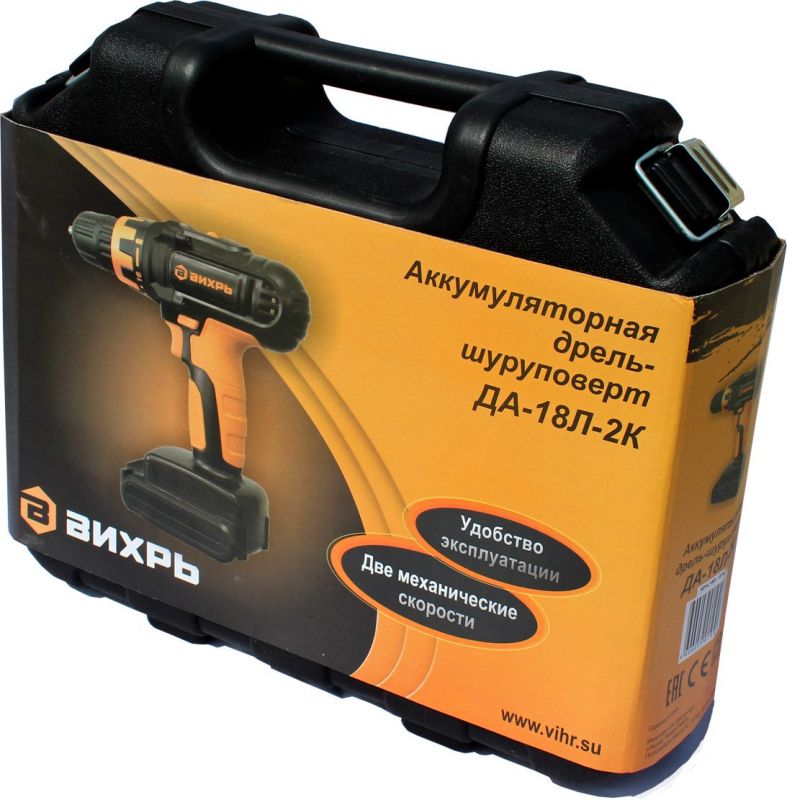 Дрель, Шуруповерт ВИХРЬ ДА-18Л-2к Дрель-шуруповерт аккумуляторная 72/14/9 { 14.4 В, LI-ION, 1,3 Ач, 28Нм, дерево/металл 28мм/12мм, кейс, 2 акк }